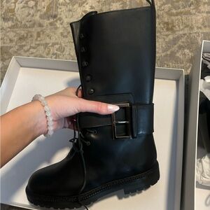 Manolo Blahnik Checkov Black Leather Buckle Lace-Up Boots EU 36.5 / US 6-6.5 NIB